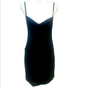 T. Tahari black eyelet lace spaghetti strap lined sun dress pockets size 6